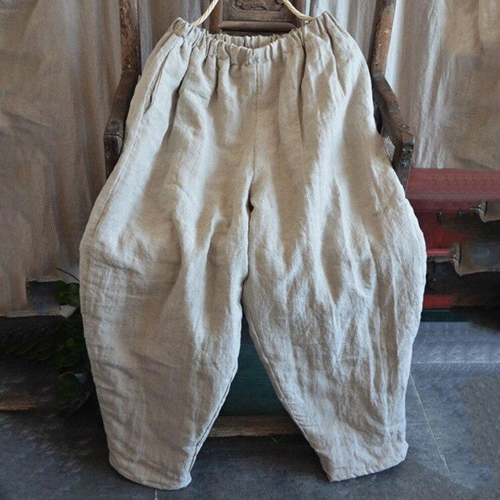 (beige, One Size) Johnature Women Winter Wide Leg Pants Cotton Linen Warm Trouser Solid Color Elastic Waist Pockets Vintage Female Pants