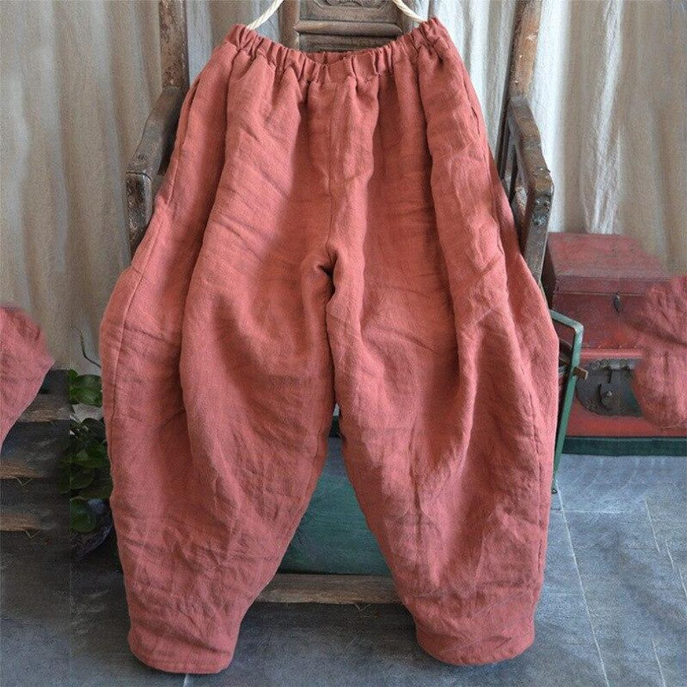 (orange, One Size) Johnature Women Winter Wide Leg Pants Cotton Linen Warm Trouser Solid Color Elastic Waist Pockets Vintage Female Pants