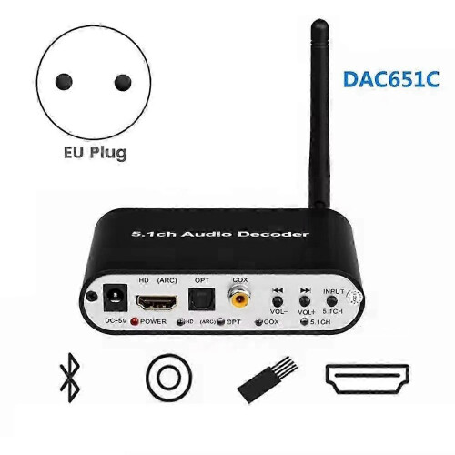 (As show, One size) DAC651C 5.1 Audio Decoder Bluetooth 5.0 Receiver DTS AC3 FLAC APE HD to Compatible Extractor Converter EU Plug 1
