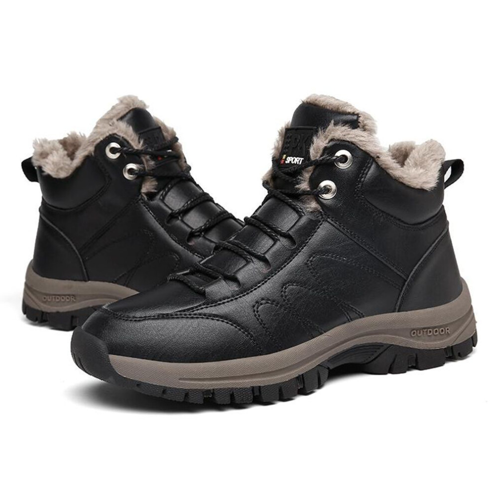 (black, 46) Autumn and Winter Leather Plush Hiking Shoes Large Men&apos;s Warm Cotton Shoes Outdoor Sports Shoes Snow Boots