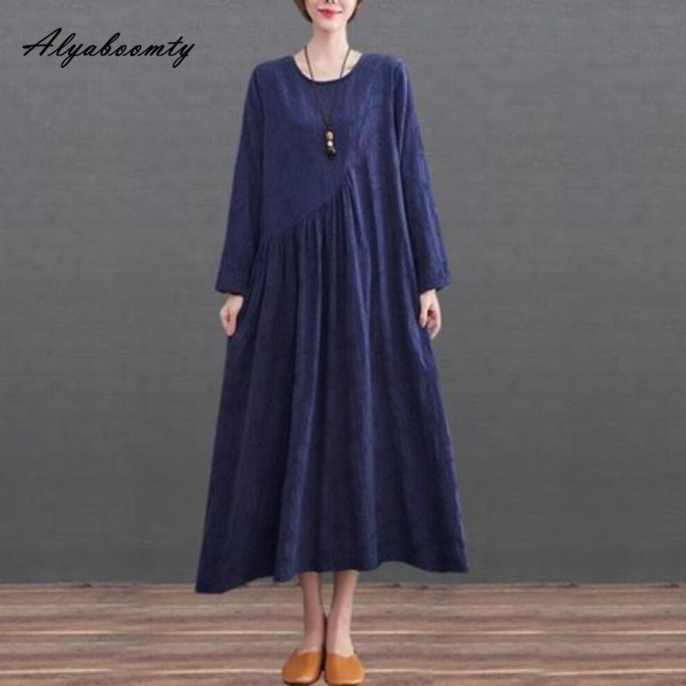 (navy blue, L) Mori Girl Spring Autumn Women Solid Midi Dress O Neck Red Navy White Casual Loose Dress Long Sleeve Jacquard Cotton Dress With Pockets