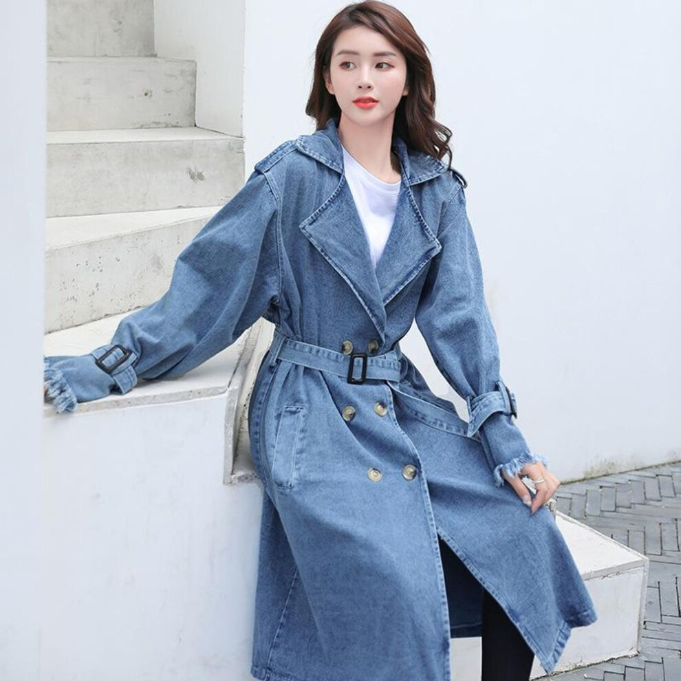 (blue, S) Women&apos;s Spring and Autumn Large Size Loose Mid-length Double-breasted Denim Windbreaker Jacket with Belt
