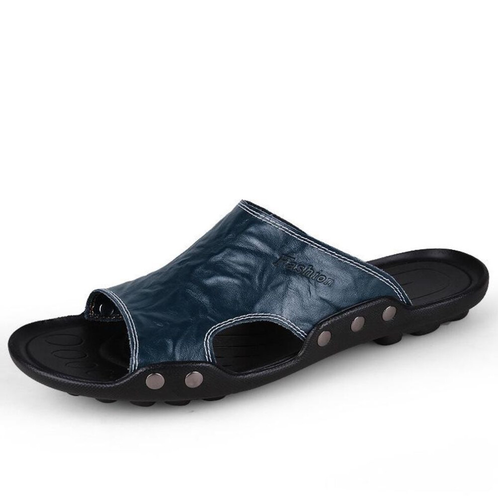 (blue, 43) Men Sandals Genuine Leather Summer Non-slip Men&apos;s Shoe Outdoor Breathable Beach Shoes Men Flip Flops