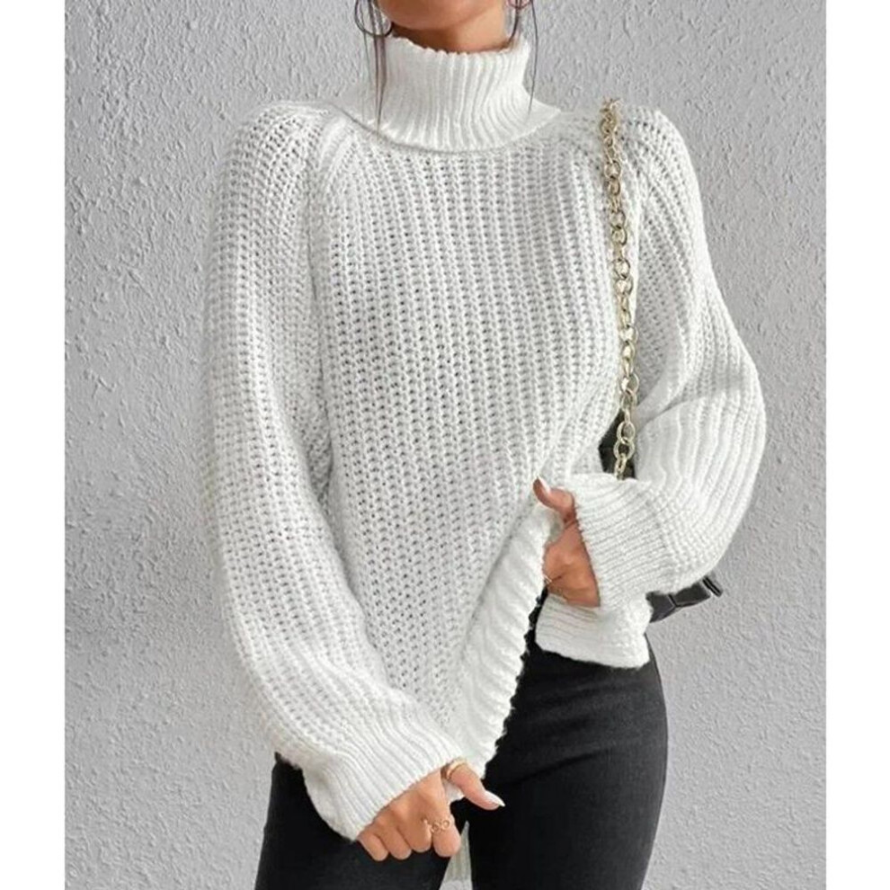 (white, M) 2024 Autumn Winter Soft Knitwear Fashion Raglan Long Sleeve Turtleneck Split Sweater Casual Warm Solid Mid-length Pullover 29572