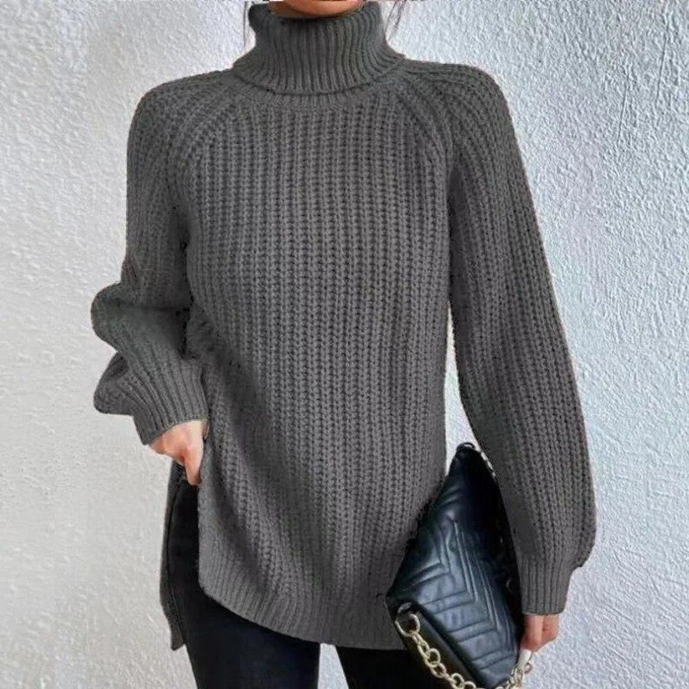 (dark gray, L) 2024 Autumn Winter Soft Knitwear Fashion Raglan Long Sleeve Turtleneck Split Sweater Casual Warm Solid Mid-length Pullover 29572