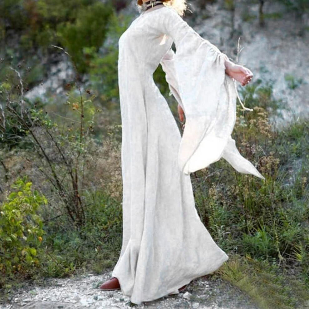 (white, XL) Women Fall Winter  Gothic Retro Solid Long Sleeve Ball Gowns Maxi Dress