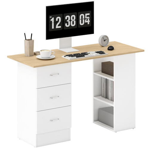 Homcom (White) HOMCOM 120cm Computer Desk, Study Table with 3 Shelf & Drawers 1