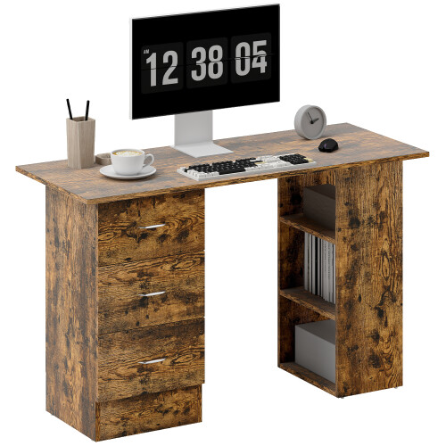 Homcom (Brown) HOMCOM 120cm Computer Desk, Study Table with 3 Shelf & Drawers 1