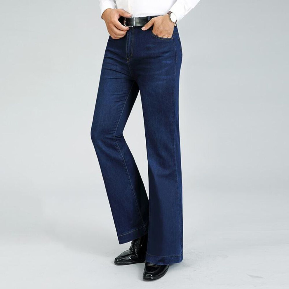 (dark blue, 33) Men&apos;s Stretch Loose Wide-Leg Jeans Flared Denim Trousers Mid Waist Denim Flared Trousers