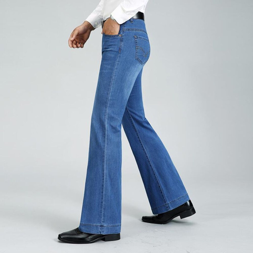 (light blue, 28) Men&apos;s Stretch Loose Wide-Leg Jeans Flared Denim Trousers Mid Waist Denim Flared Trousers