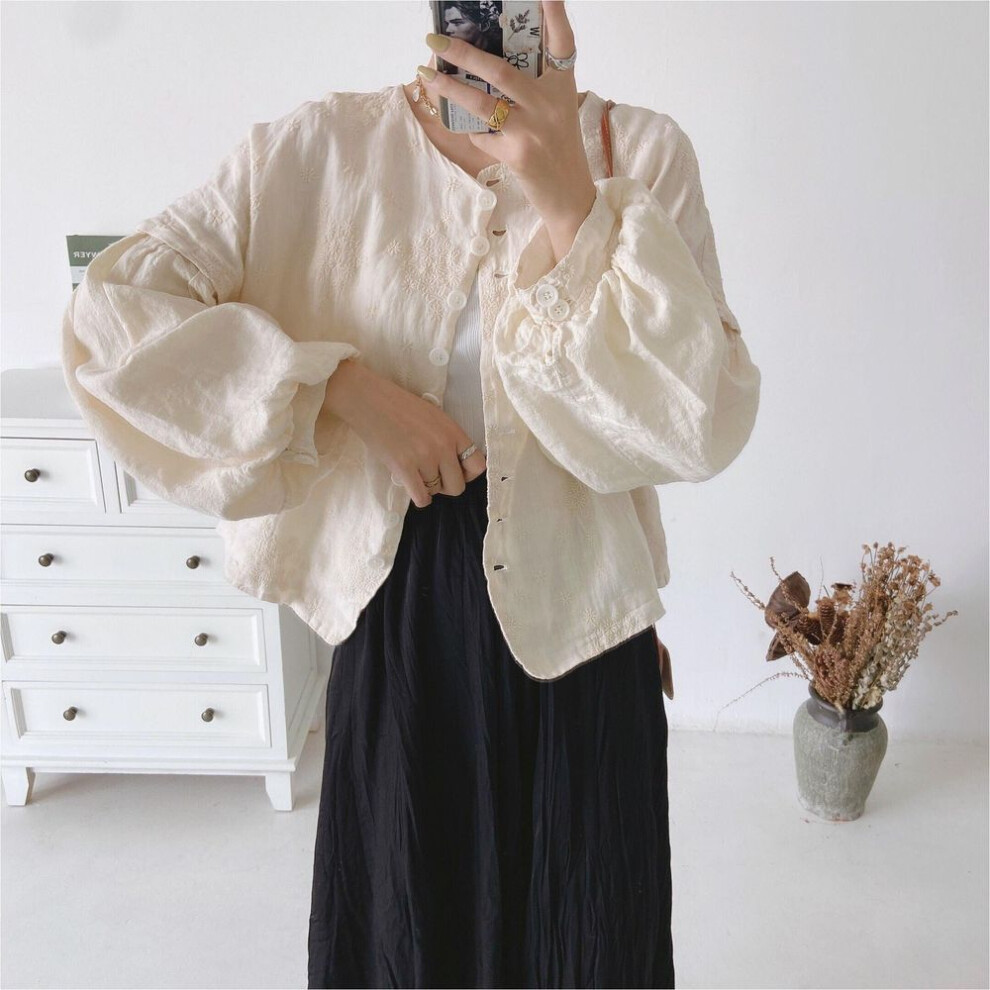 (white, One Size) Johnature Autumn Embroidery Linen Vintage Loose Women Jackets Lantern Sleeve Solid Color Single-breasted Coats