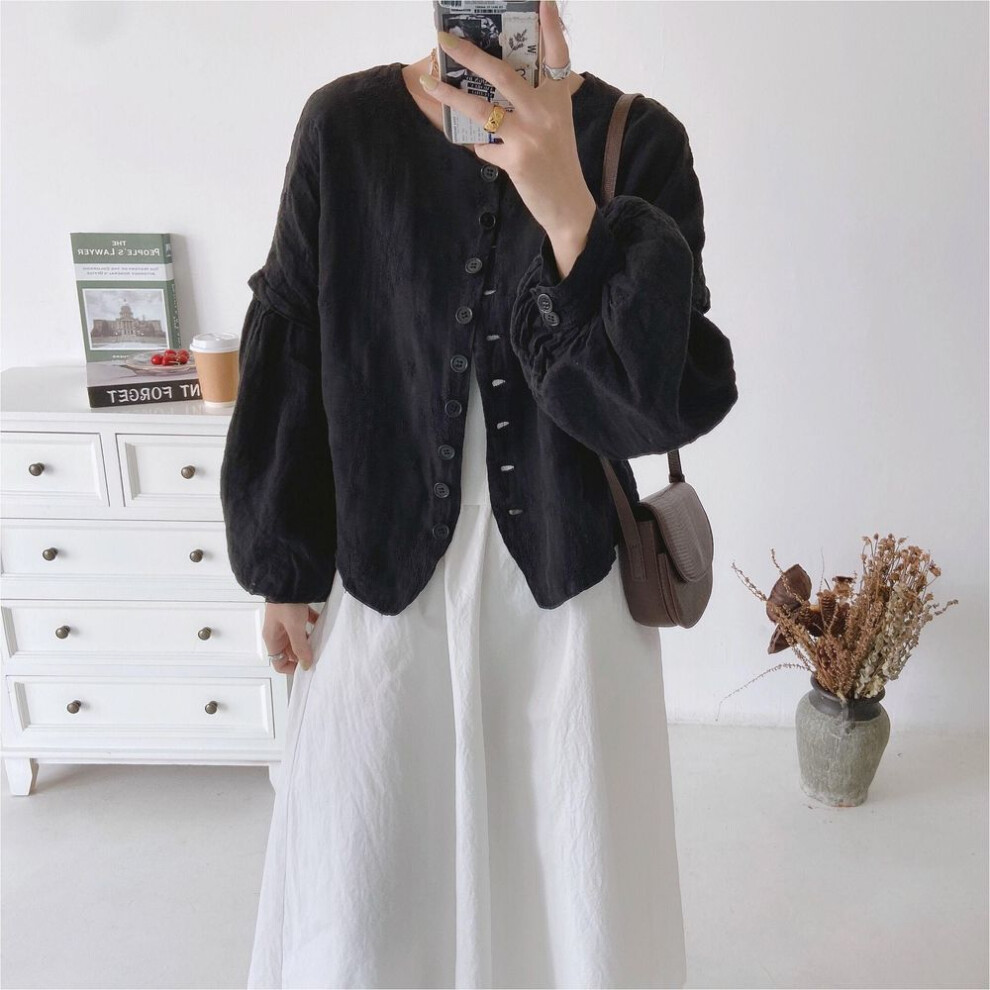 (black, One Size) Johnature Autumn Embroidery Linen Vintage Loose Women Jackets Lantern Sleeve Solid Color Single-breasted Coats