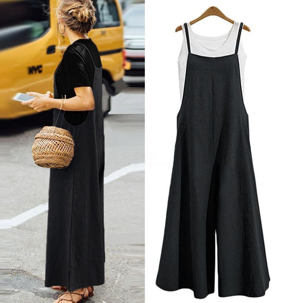 (black, M) Plus Size Summer Women&apos;s Loose One-piece Wide-legged Pants Casual Jumpsuit