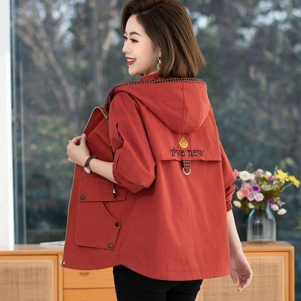 (red, XXXL) Women Hooded Casual Plus Size Windbreaker Tops Spring Autumn Trench Coat  Loose Jackets Female