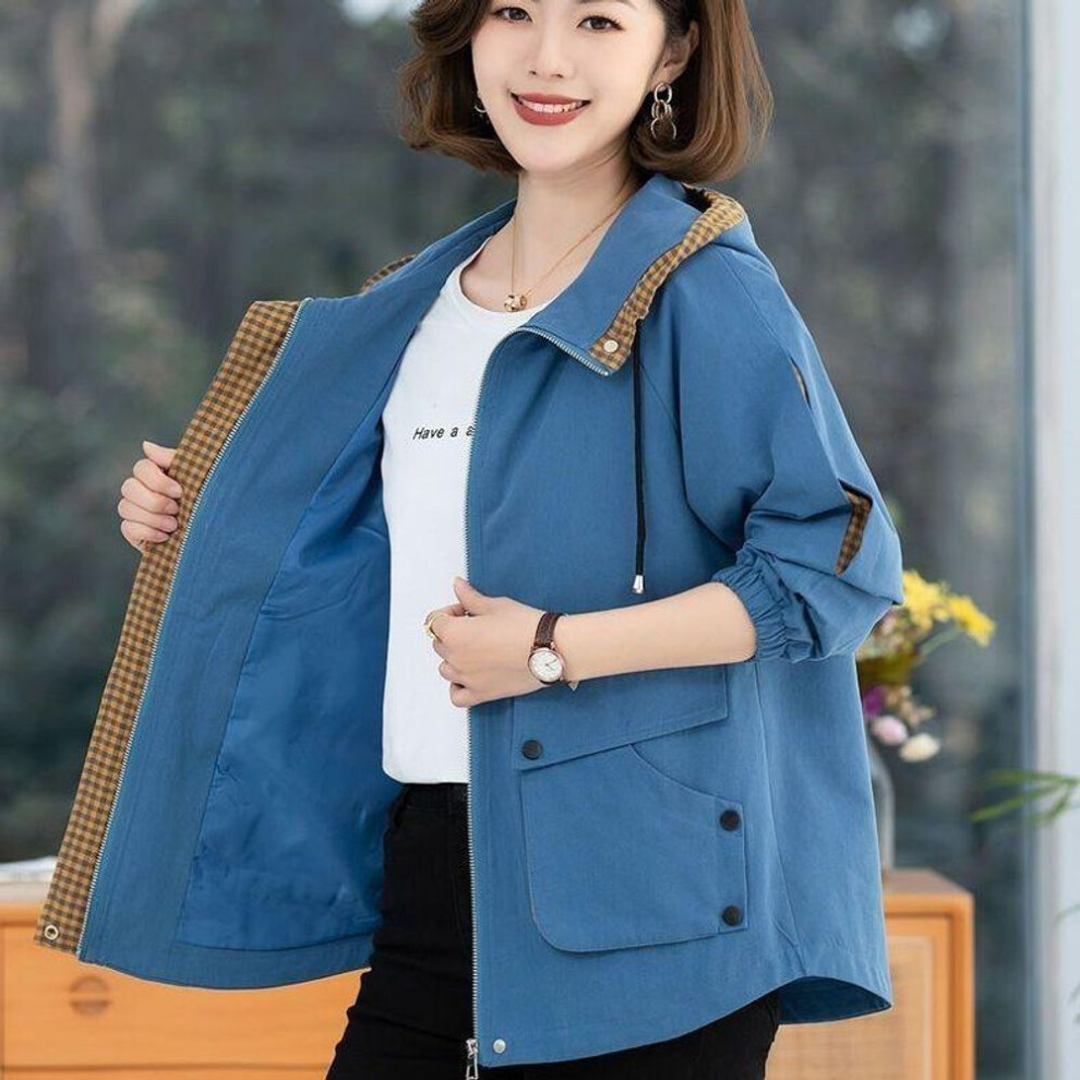 (blue, XL) Women Hooded Casual Plus Size Windbreaker Tops Spring Autumn Trench Coat  Loose Jackets Female