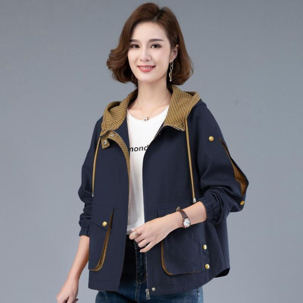 (navy blue, M) Women Hooded Casual Plus Size Windbreaker Tops Spring Autumn Trench Coat  Loose Jackets Female