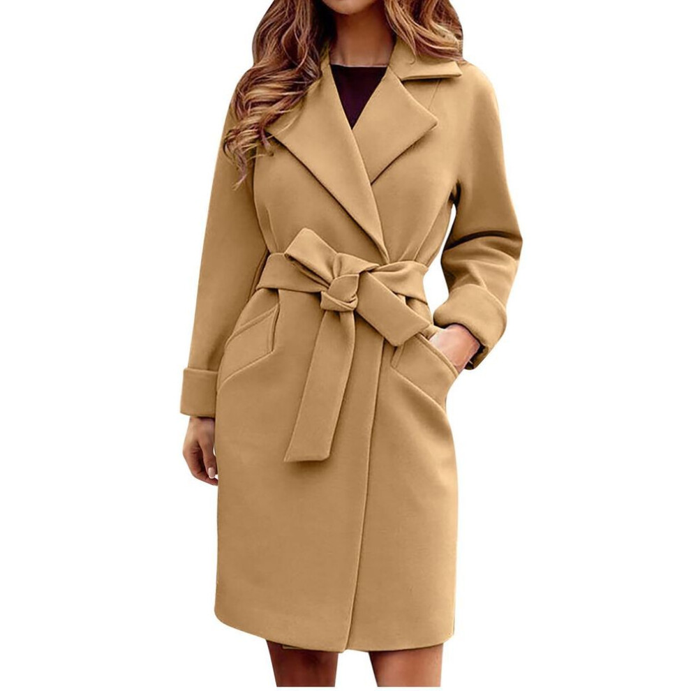 (khaki, XL) Autumn Winter Coats For Women Wool Blend Long Jackets Turn Dowmn Collar Slim Belt Bandage Outerwear Overcoat