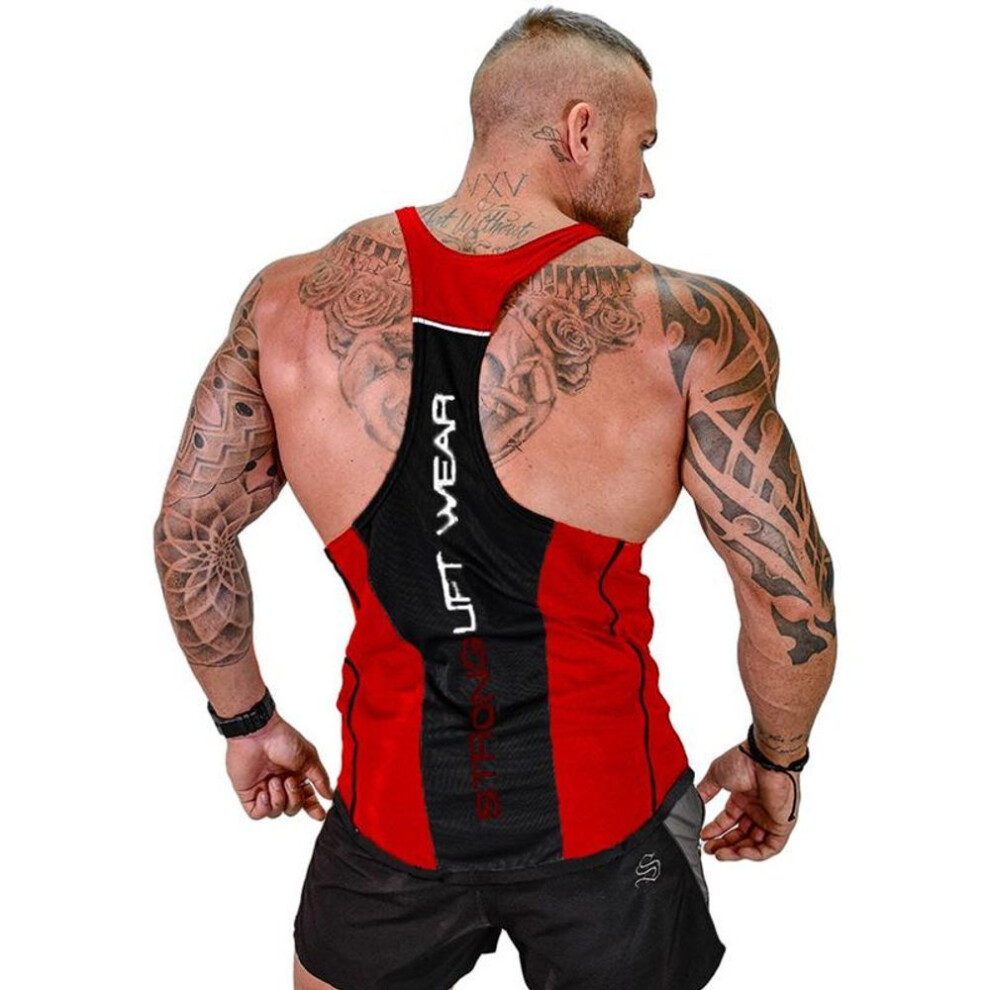 (red, M) Mens Bodybuilding Tank Tops Gym Fitness Sleeveless Shirt Cotton Casual Singlet Vest