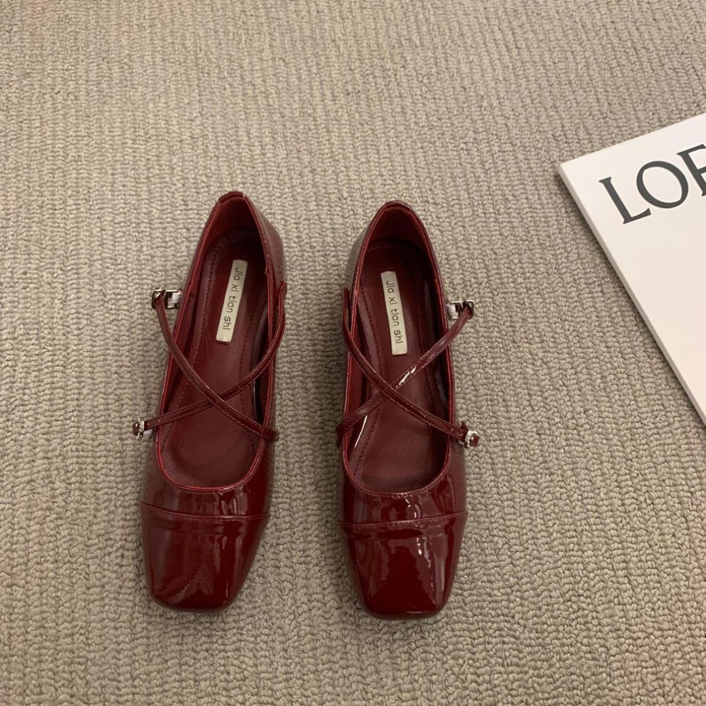 (burgundy, 35) Thick Heeled Crossed Silver Mary Jane Square Toe Single Shoes for Women,Flat Bottomed Ladybug Shoes