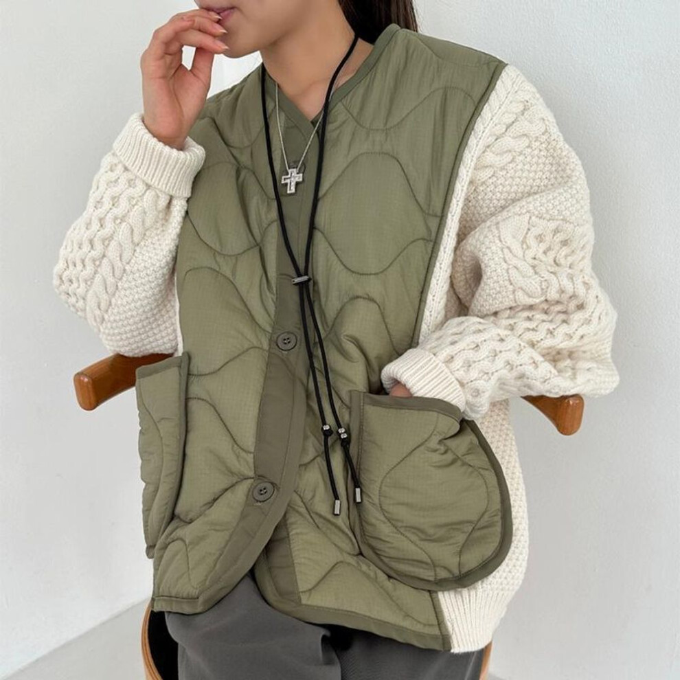 (green, One Size) DIMANAF 2024 Winter Women Sweaters Patchwork Wadded Buttons Coat Knitting Jacket Fake Two-Piece Loose Sweater