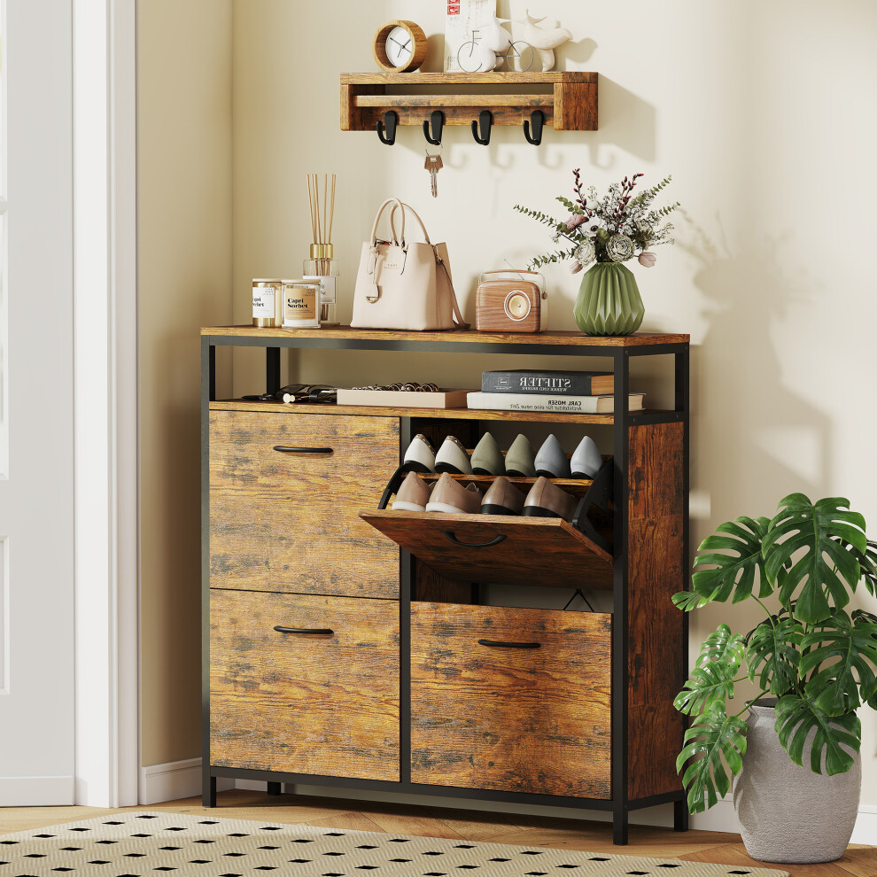 Homcom (Brown) Shoe Cabinet With 4 Flip Drawers, Holds 12-20 Pairs