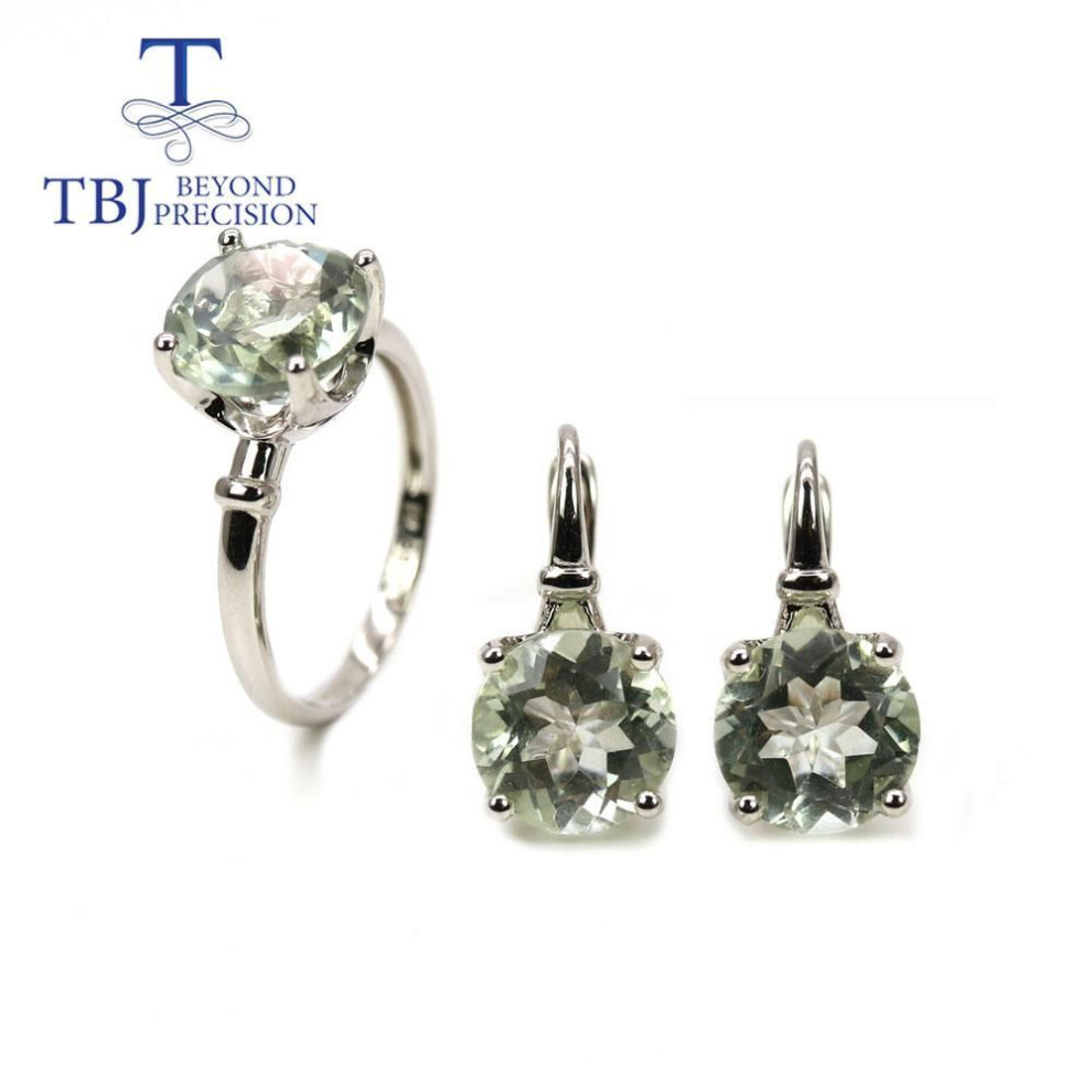 (green, us ring size 7#) TBJ,100% natural green amethyst gemstone 925 sterling silver ring earrings jewelry set simple everyday women&apos;s fine jewelry
