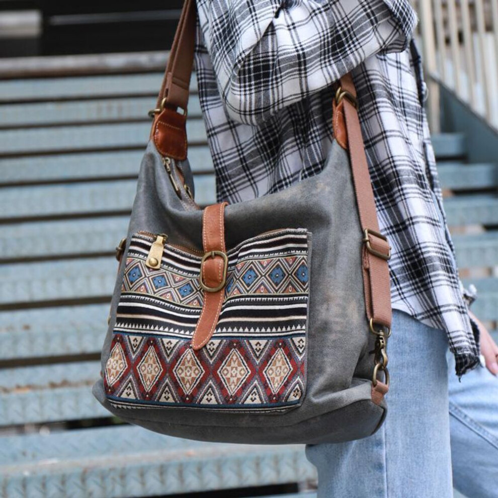 (gray) Johnature Denim Multipurpose Shoulder Bag Versatile Large Capacity Canvas Geometric Printed Women Crossbody Bags