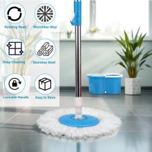 (Default) 360 Spin Mop Bucket Set Plastic Wringer 2 Refill Microfibre Mop Heads Spinning Cleaning Stainless