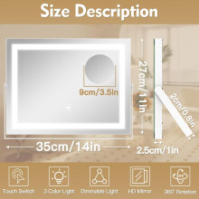 (White, 1 Count) LED Makeup Mirror,1Count360Degree Rotatable Vanity Mirror with10xMagnification,Smart Touch3Colors Dimmable Modern Mirror for Home Interior Decor