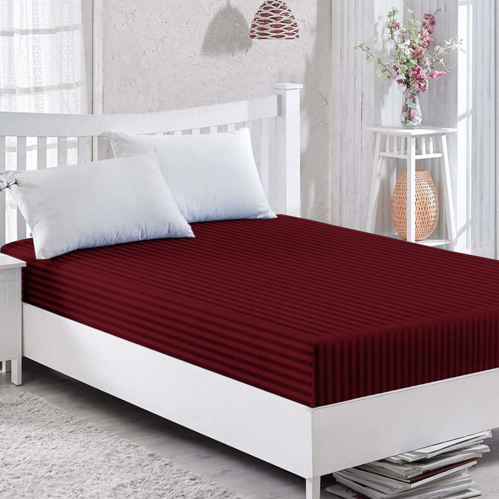 (Double: 137 x 190 cm, Burgundy) Pack of 2 Stripe Fitted Bed Sheets Extra Deep 40 CM Fitted Mattress Sheets-image-OPC-PHH6W87-NEW