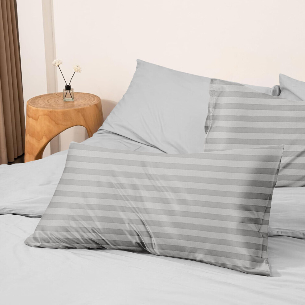 (Pillow Case: 50 x 75 cm, Silver) Pack of 2 Stripe Fitted Bed Sheets Extra Deep 40 CM Fitted Mattress Sheets-image-OPC-PHH6W9V-NEW