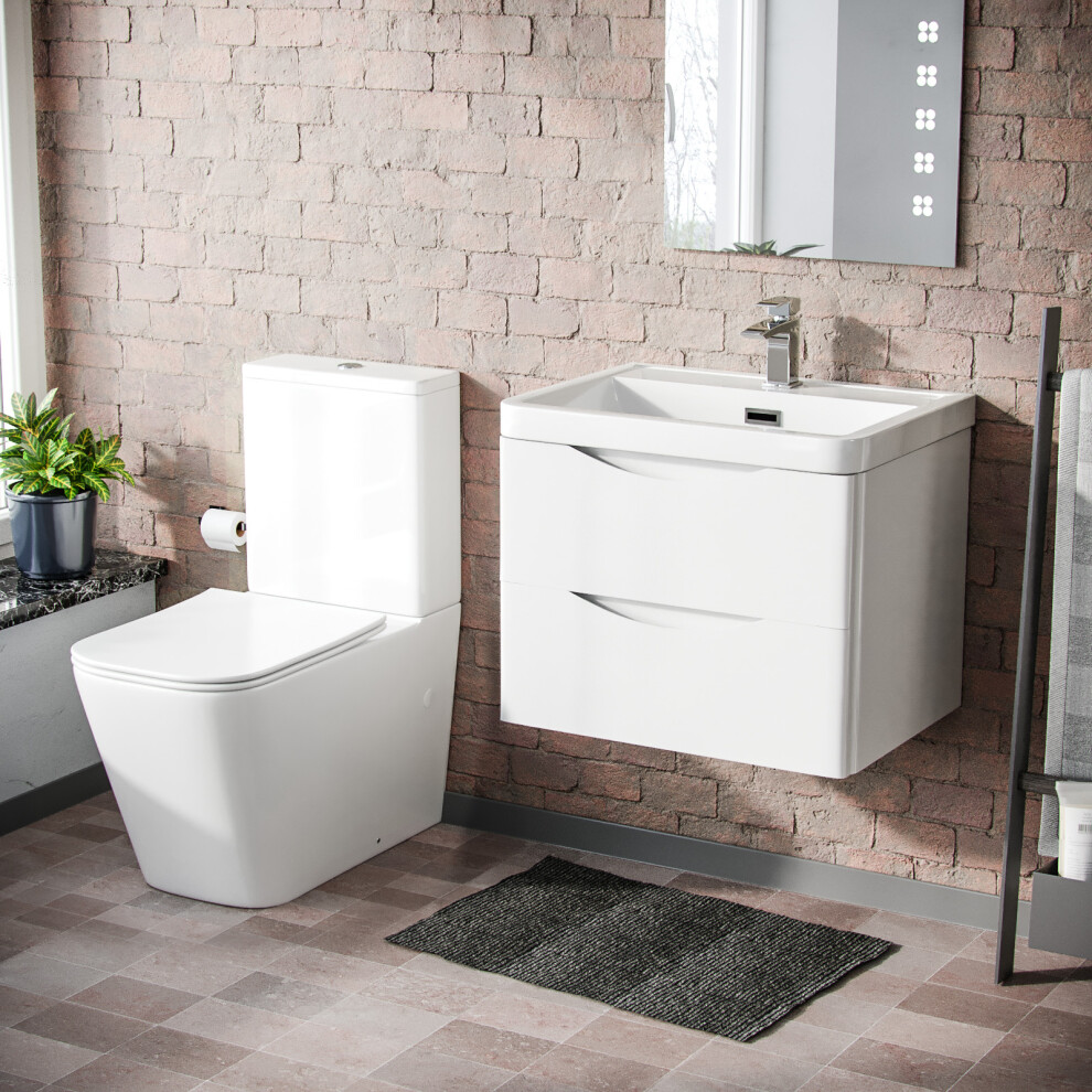 Nes Home Merton 600 Wall Hung Gloss White Vanity Basin & Rimless Close Coupled Toilet