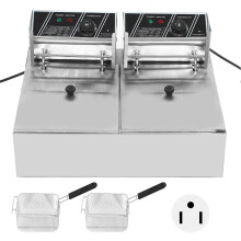 (As show, One size) Electric Deep Fryer Double Cylinder Double Basket Stainless Steel Countertop Fryer Adjustable Temperature US Plug 110V 2500+2500W