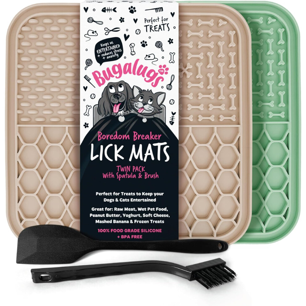 Bugalugs Licky Mats 100% Food Grade Lick Mat For Dogs & Cats Food Mat BPA Free, Reduce Stress & Anxiety, 2x Mats, Spatula & Brush (Green & Beige)