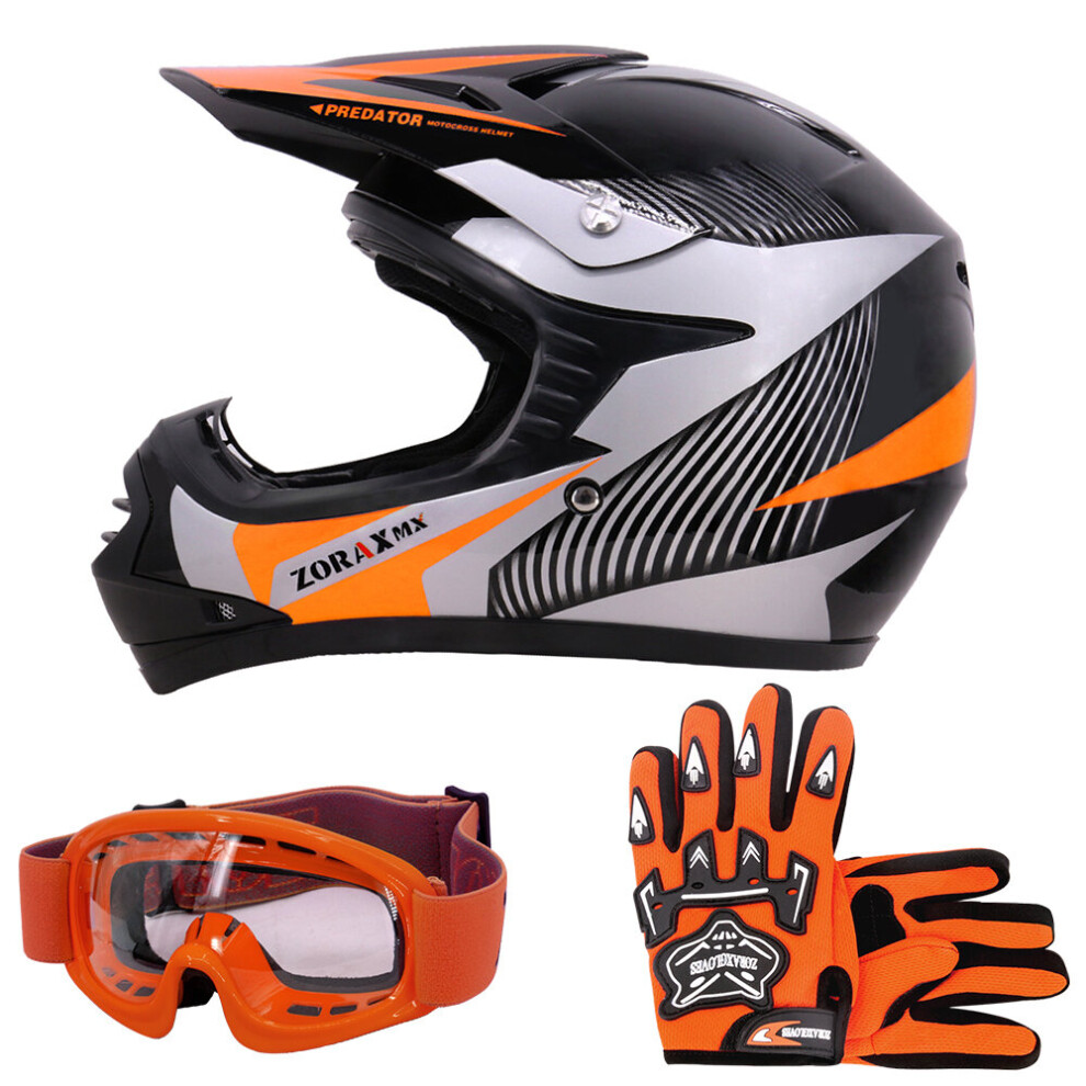 (Orange, L) ZORAX X19 Kinder Motocross MX Helm Motorrad Handschuhe Schutzbrille