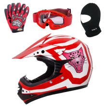 (Rojo, XS) Casco de motocross ZORAX ZOR-X17 para niños, para niños, para BMX, con guantes, gafas y pasamontañas