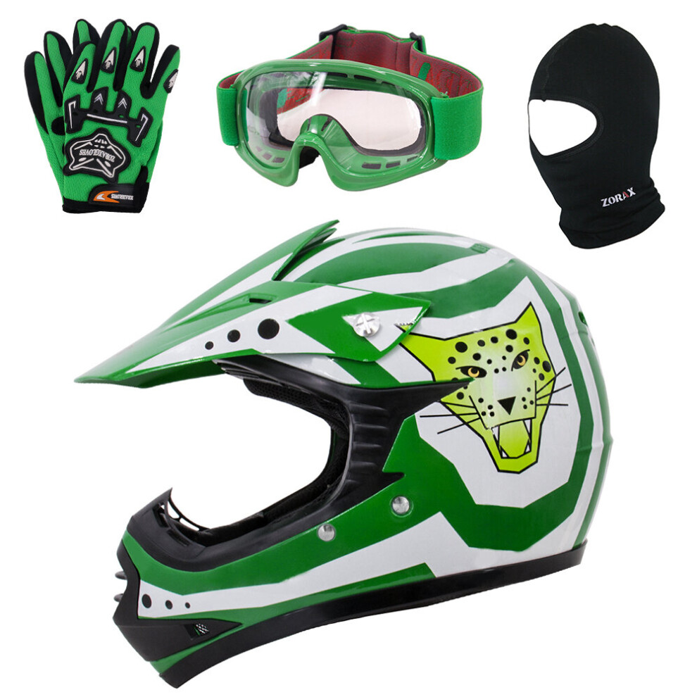 (Vert, L) ZORAX ZOR-X17 Casque de motocross MX pour enfants + gants + lunettes + cagoule
