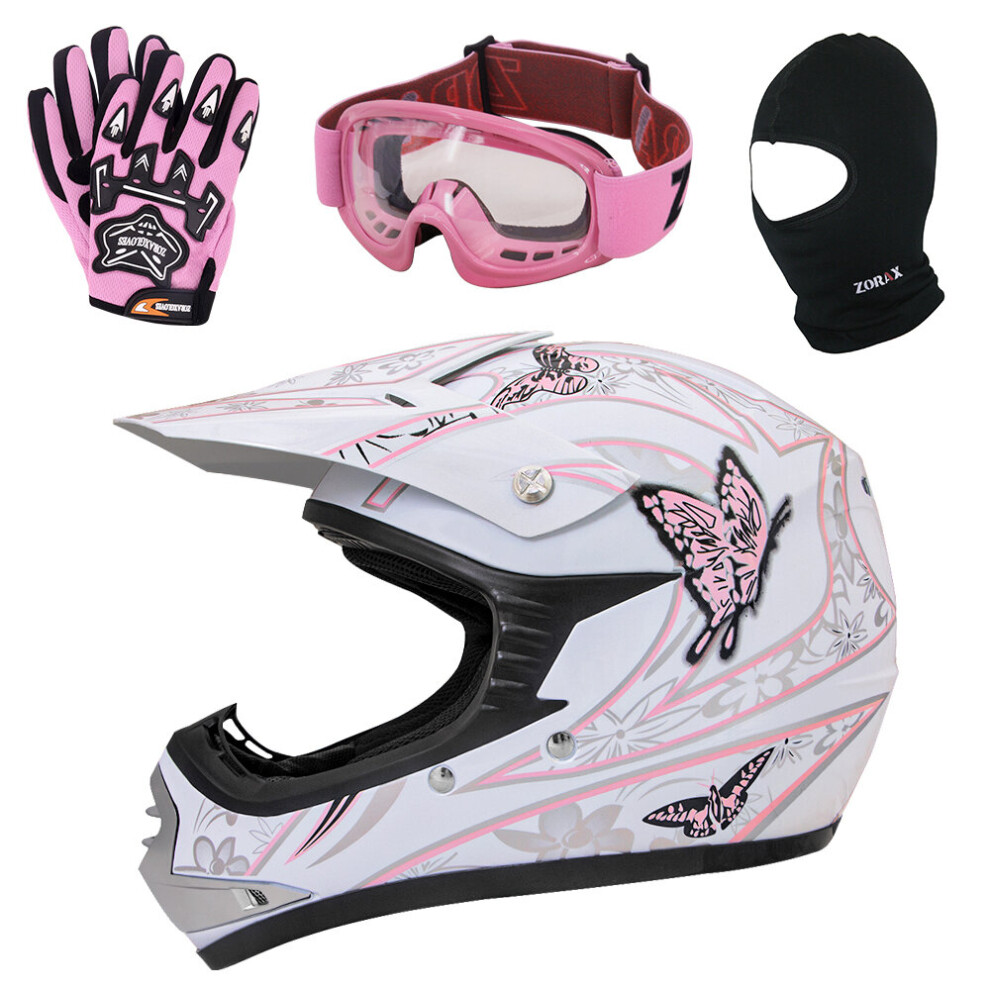 (Papillon, XL) ZORAX X18 Junior Enfant Enfants Motocross Moto MX Casque Gants Lunettes Cagoule