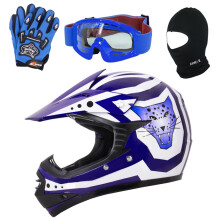 (Azul, S) Casco de motocross MX para niños ZORAX ZOR-X17 Junior BMX Niño + Guantes + Gafas + Pasamontañas
