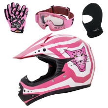 (Rosa, XS) Casco de motocross ZORAX ZOR-X17 para niños, talla BMX, guantes, gafas y pasamontañas