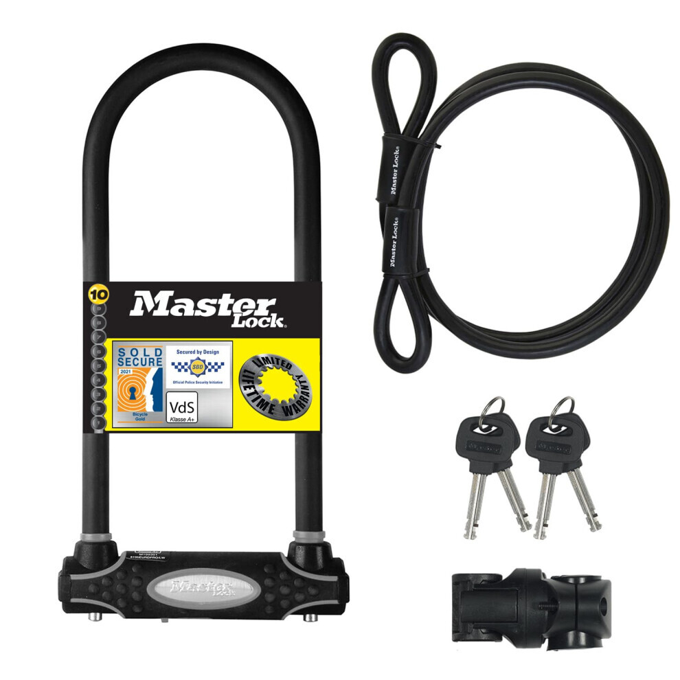 Master Lock Heavy Duty Bike D Lock with Cable, Key, Universal Mounting Bracket, Certified Bike Lock