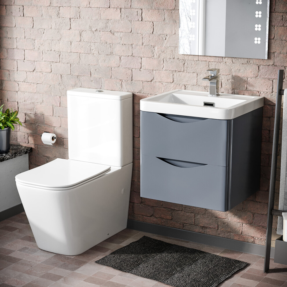Nes Home Grey 500mm Wall Hung Vanity Basin Unit & Close Coupled Toilet