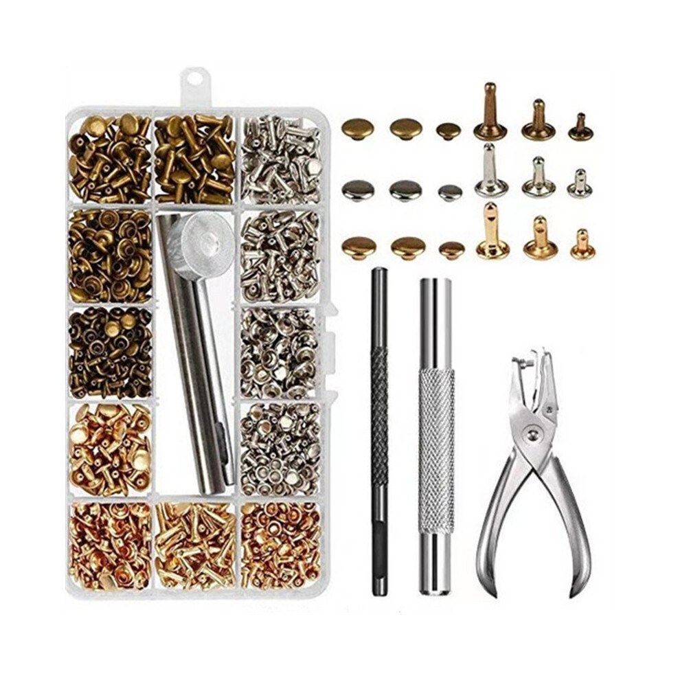 Ensemble de 300 rivets en cuir à double capuchon, rivets tubulaires métalliques de 3 tailles avec pince perforatrice et 3 outils de fixat