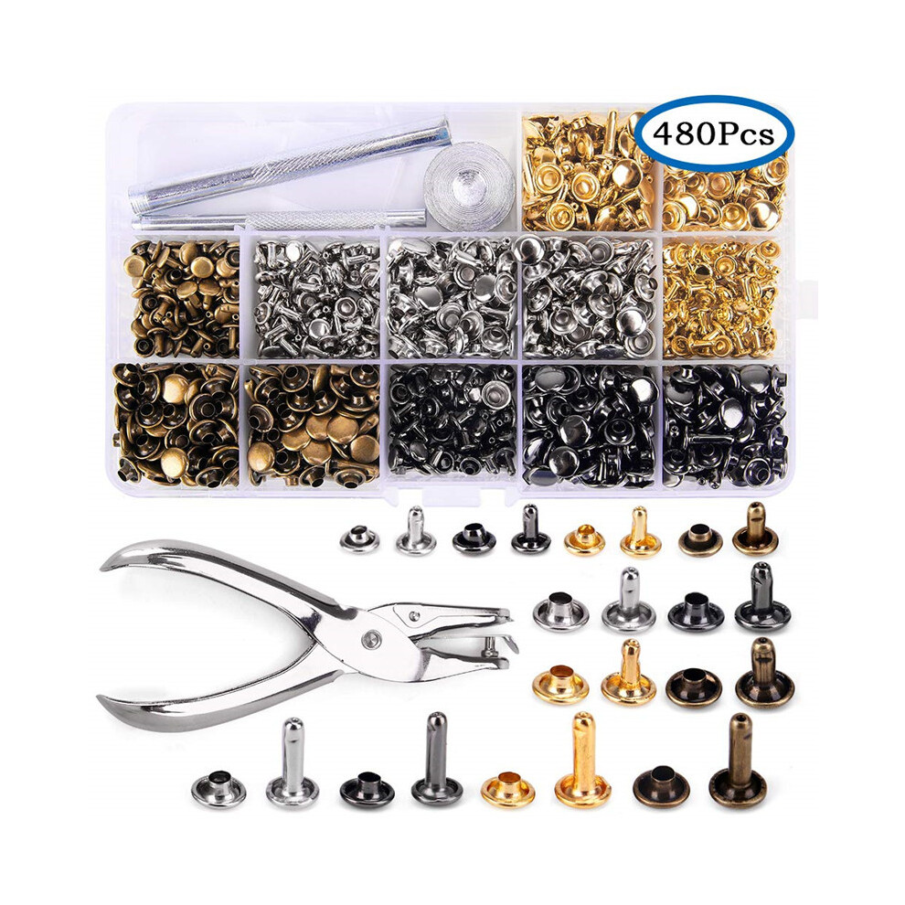 Ensemble de 480 rivets en cuir à double capuchon, rivets tubulaires métalliques de 3 tailles avec pince perforatrice et 3 outils de fixat
