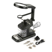 (As show, One size) USB Electric Soldering Iron Workstation with 3X/4.5X/25X Loupe LED Lights Board Clips (Black)