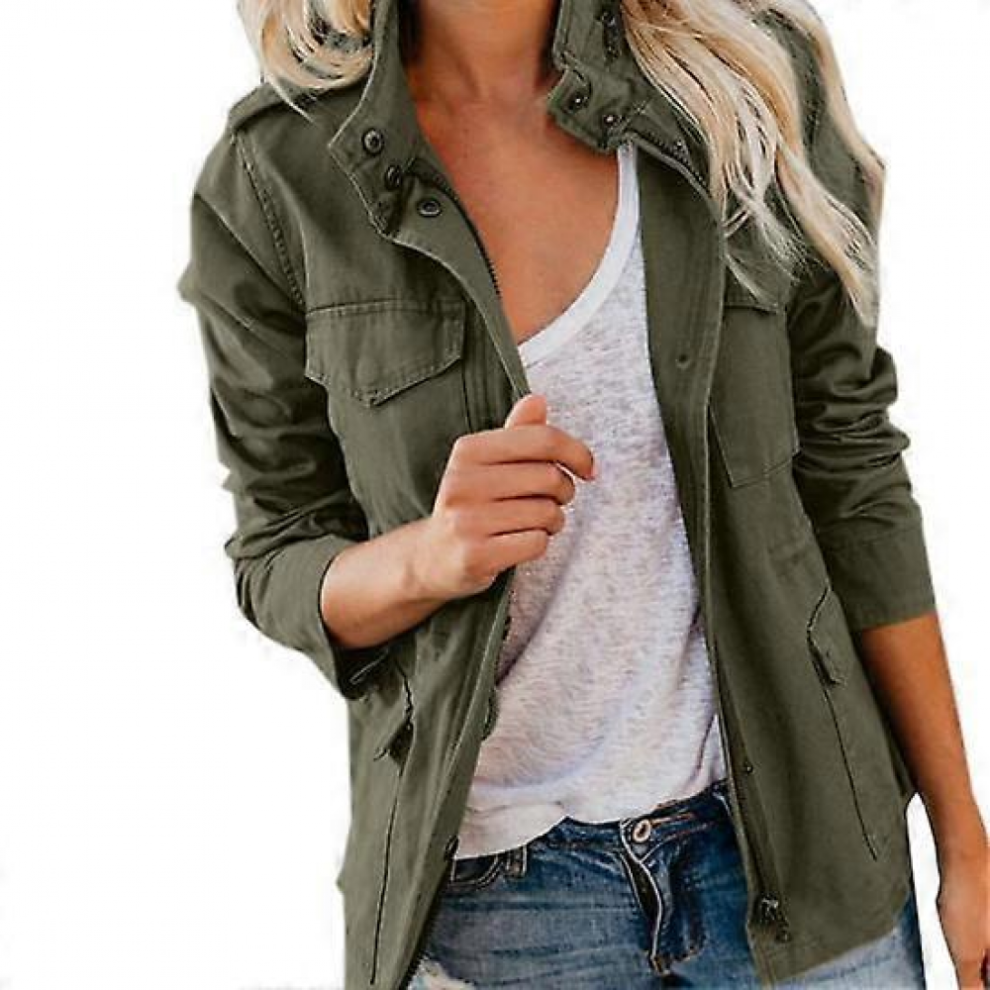 YZ  (vert armée-2XL) Manteau pour femme, col montant, fermeture éclair, poches multiples, couleur unie, manches longues, cardigan doux et décont