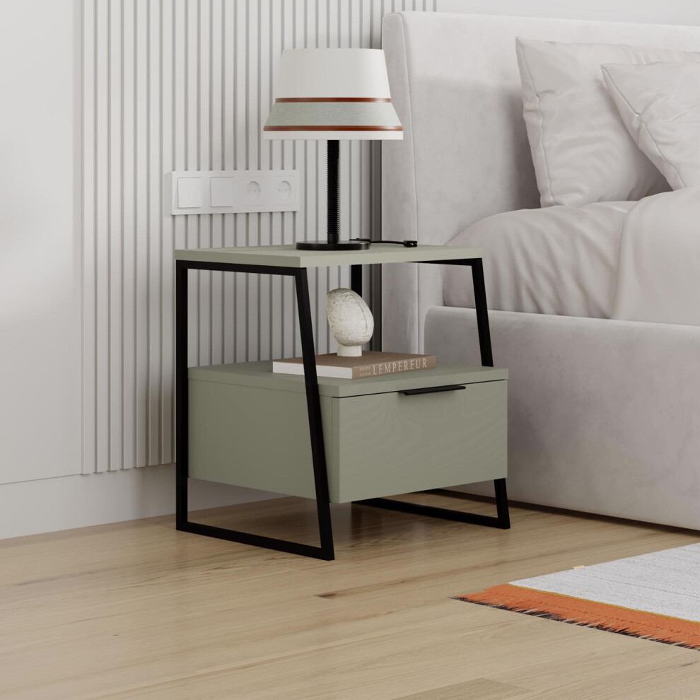 1 Door Ash Green Bedside Table Metal Legs