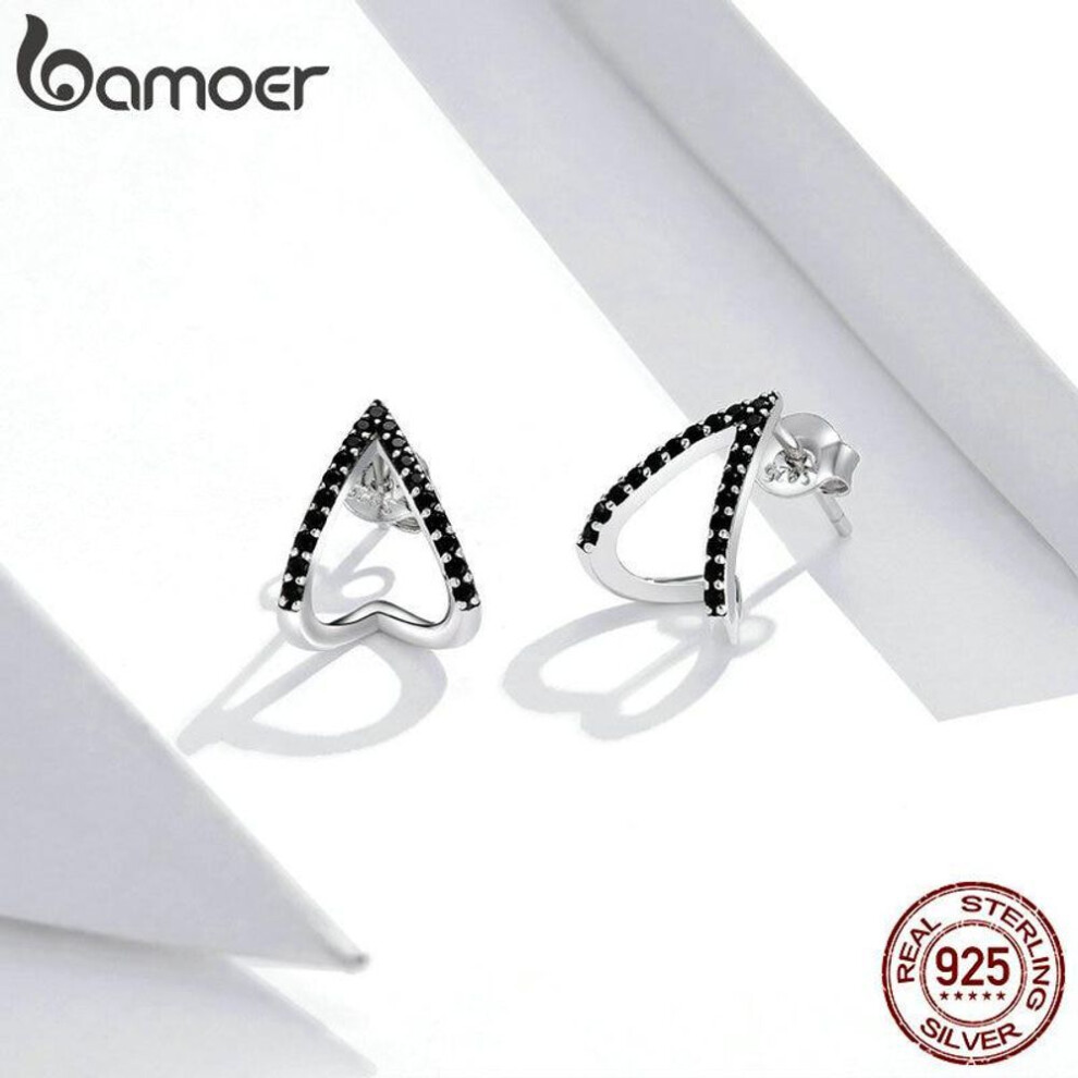 (silver,black, 925 silver) Bamoer Simple Oxidized Geometry Stud Earrings for Women 925 Sterling Silver Ear Pins Jewelry