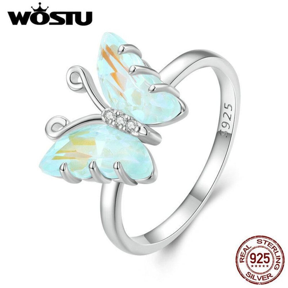 (7) WOSTU Real 925 Sterling Silver Rainbow Crystal Butterfly Band Rings For Women Cute Insect Delicate Party Jewelry Gift