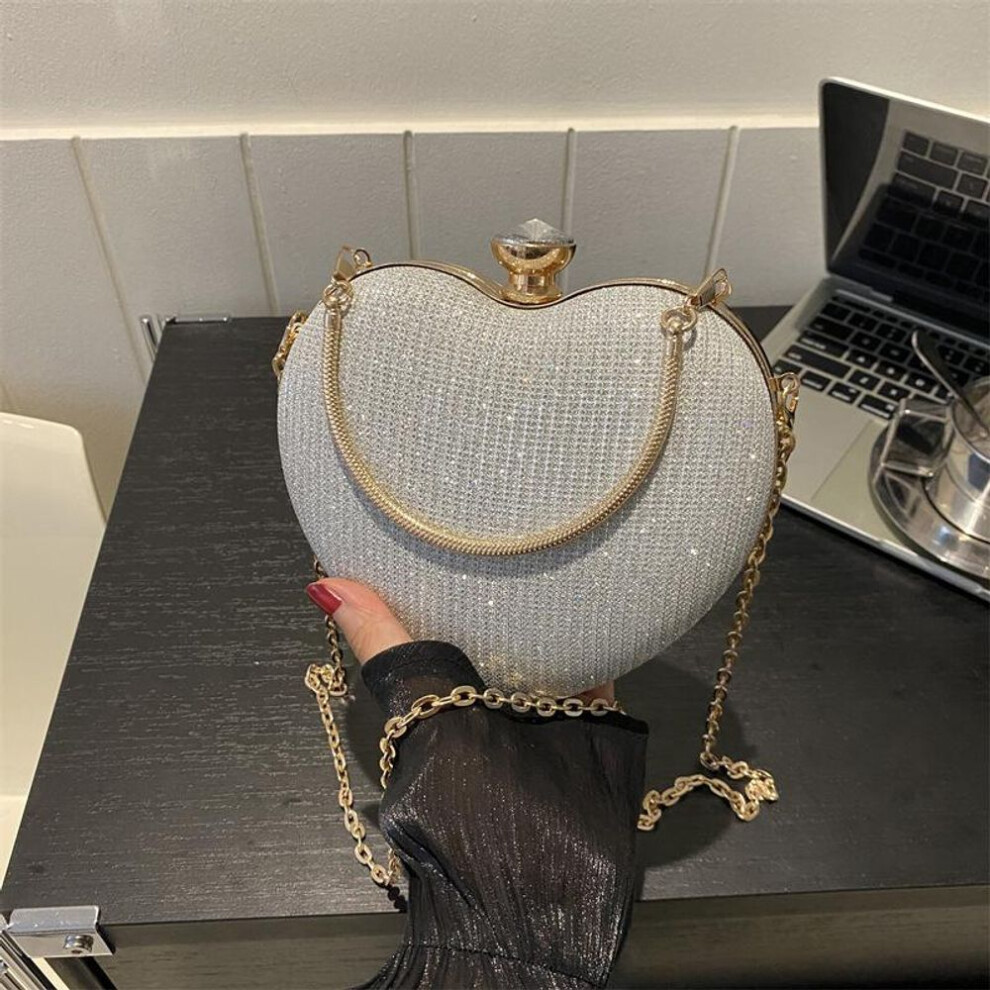 (silver, 16x4.5x15cm) Yogodlns Evening Clutch Bag Women Bag Shiny Handbag Heart Shape Clutches Bag Fashion Chain Shoulder Crossbody Bag Luxury Lady Purse